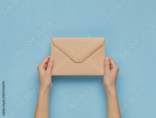 Hands holding a brown envelope against a vibrant blue background.