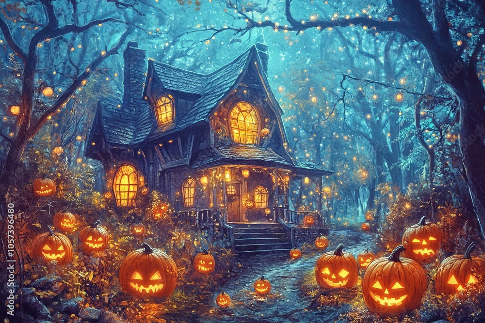 Spooky Village House with Pumpkins and Lanterns - AI generated illustration Spooky Village House with Pumpkins and Lanterns - AI generated illustration