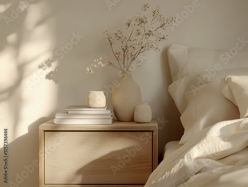 Minimalist bedroom with cozy bedding and a stylish nightstand adorned with dried flowers.
