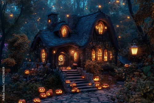 Spooky Village House with Pumpkins and Lanterns - AI generated illustration photo