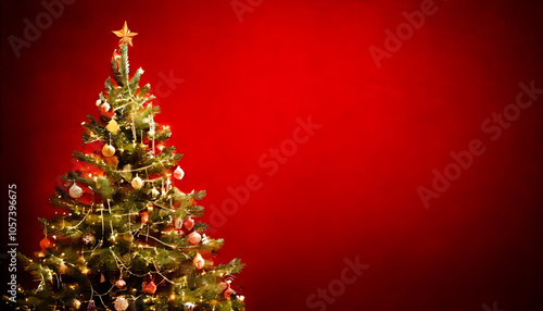 sparkle bokeh lights decorate christmas tree red canvas backdrop space happy new year greetings winter holiday text