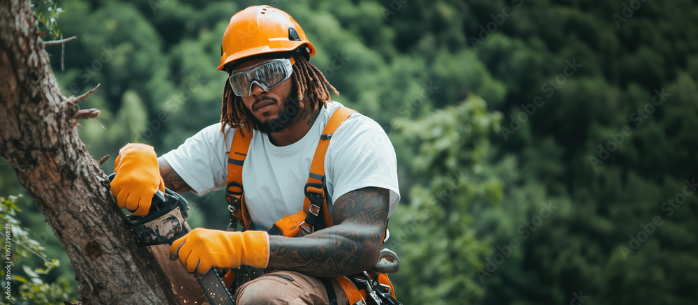 Professional arborist using chainsaw in forest Professional arborist using chainsaw in forest
