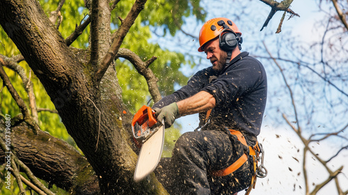 Professional arborist using chainsaw to trim tree branches outdoors