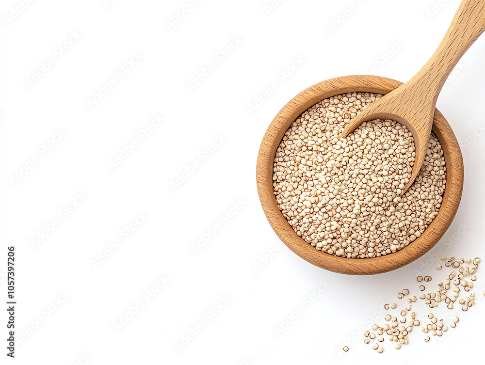 Quinoa seeds in wooden bowl with wooden spoon on white background, showcasing their natural texture and color. This healthy grain is perfect for various dishes and adds nutritional value to meals Quinoa seeds in wooden bowl with wooden spoon on white background, showcasing their natural texture and color. This healthy grain is perfect for various dishes and adds nutritional value to meals