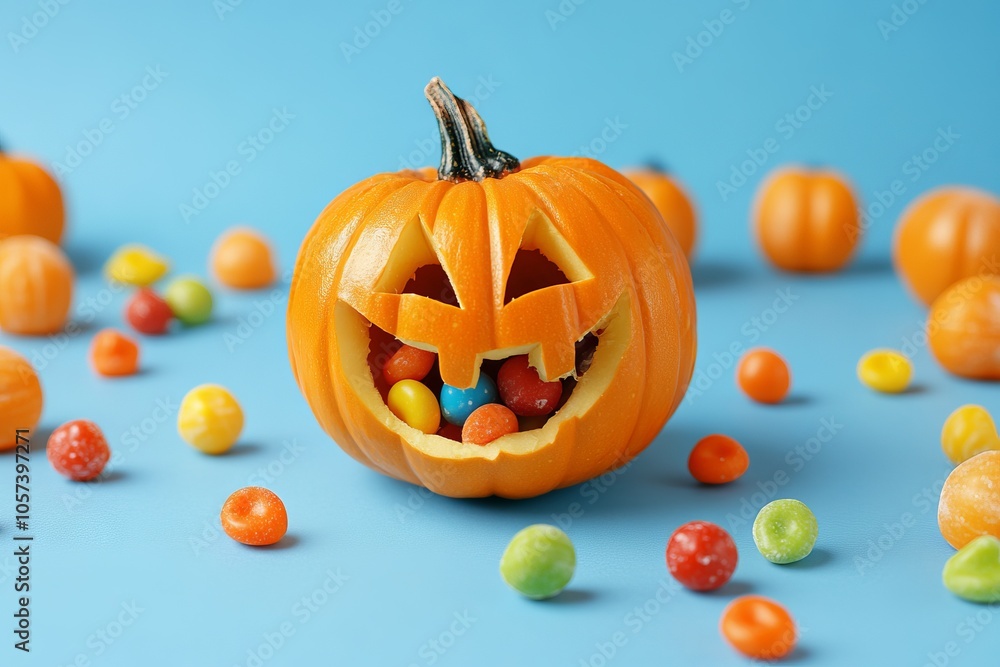 Smiling jack-o'-lantern filled with colorful candies, surrounded by small pumpkins on a blue background, AI generated illustration Smiling jack-o'-lantern filled with colorful candies, surrounded by small pumpkins on a blue background, AI generated illustration