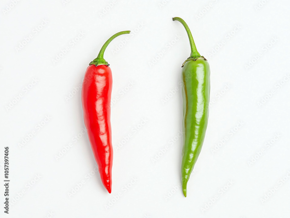 Fresh red and green chili peppers on white background, showcasing their vibrant colors and smooth textures. These peppers add spicy touch to various dishes and are popular in many cuisines Fresh red and green chili peppers on white background, showcasing their vibrant colors and smooth textures. These peppers add spicy touch to various dishes and are popular in many cuisines