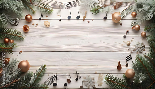 white wood background music notes text space christmas decorations celebrations surrounding flat laid compositions arrangements photo