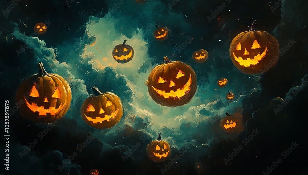 Whimsical Halloween pumpkins floating among clouds with scary faces in a dark night sky, AI generated illustration Whimsical Halloween pumpkins floating among clouds with scary faces in a dark night sky, AI generated illustration
