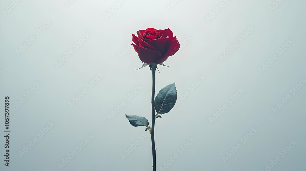 A solitary red rose stands elegantly against a soft, muted background. A solitary red rose stands elegantly against a soft, muted background.