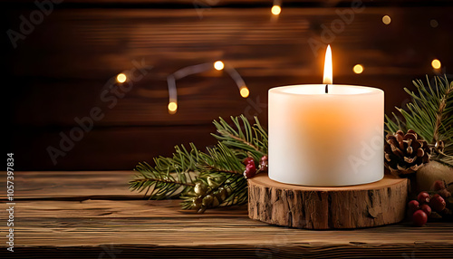 winter evening ambiance evokes festive cheer warm white candle rustic wood photo