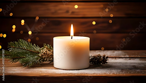 winter evening ambiance evokes festive cheer warm white candle rustic wood photo