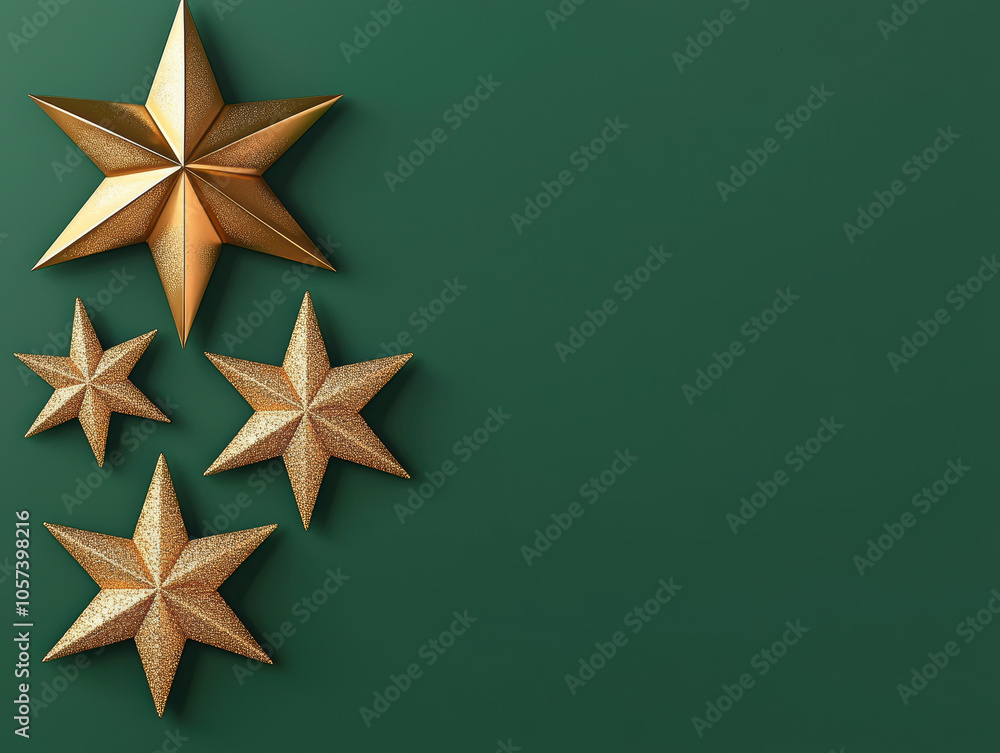 Golden Christmas stars on dark green background create festive atmosphere. These decorative elements add touch of elegance and warmth to holiday celebrations Golden Christmas stars on dark green background create festive atmosphere. These decorative elements add touch of elegance and warmth to holiday celebrations