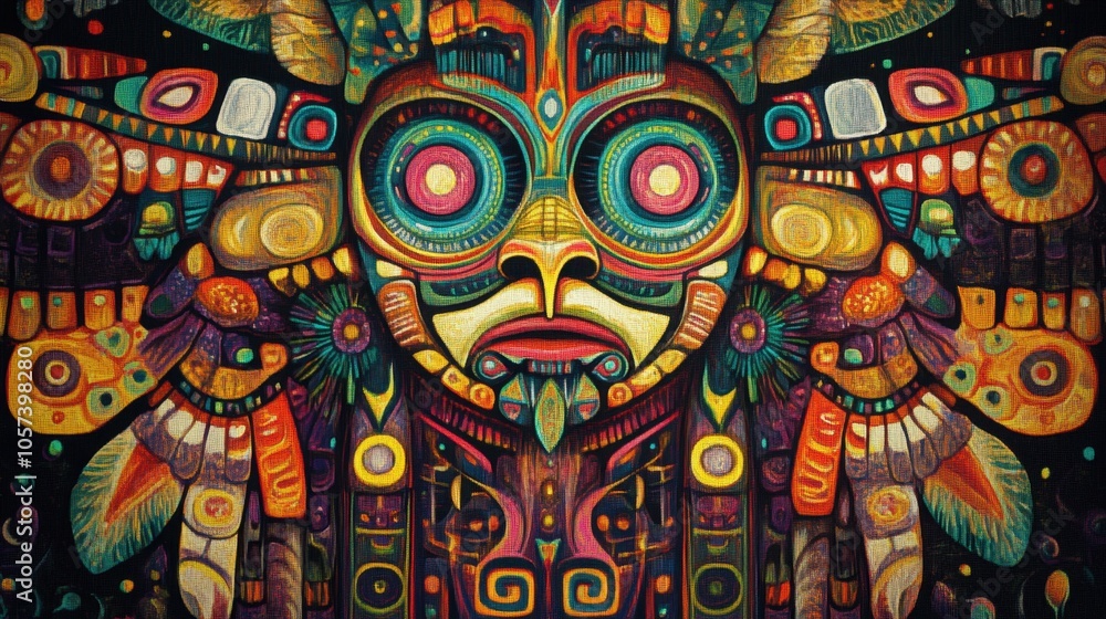 Fototapeta premium Detailed artistic representation of a Native American totem pole, showcasing vibrant colors and cultural motifs, emphasizing its historical importance and storytelling