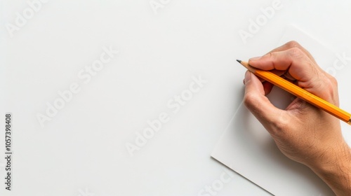 Hand holding a pen on pastel paper, flat lay top view, isolated background with ample copy space for text message or banner design. Aerial perspective, creative workspace concept.