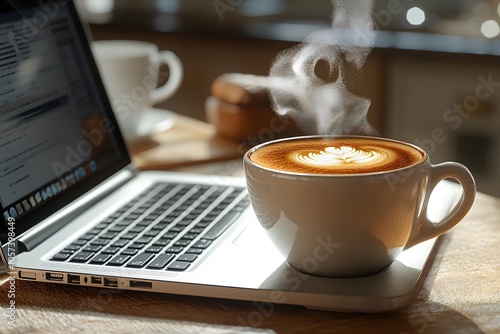 A steaming cup of coffee beside a laptop on a wooden table, suggesting a cozy workspace.