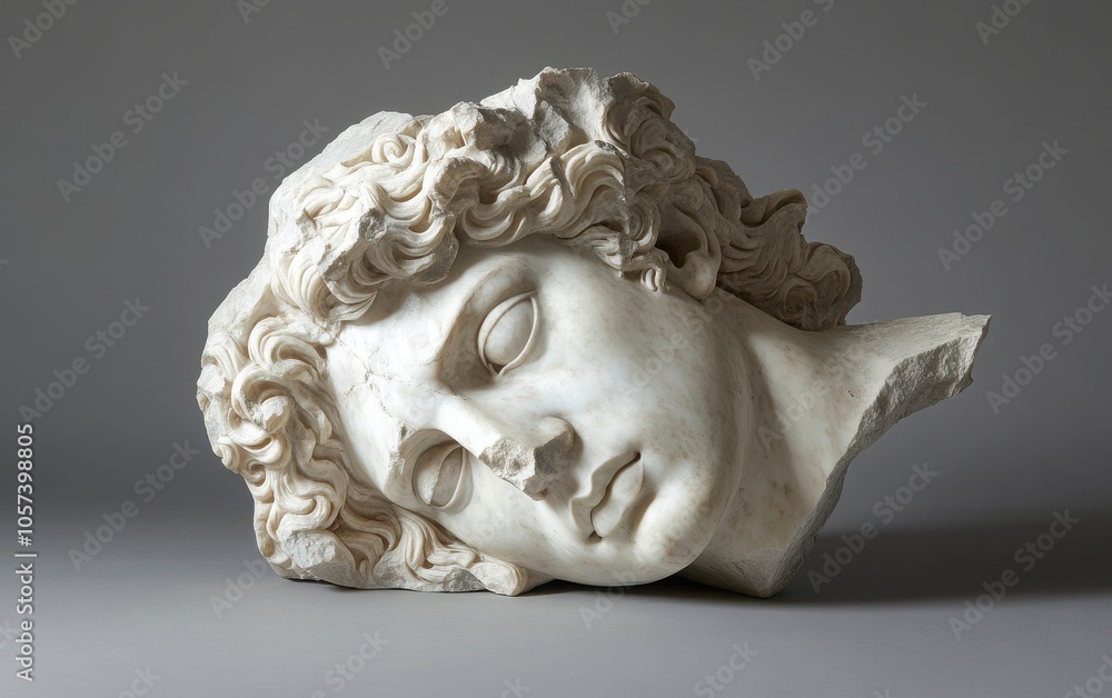 An elegant composition of a broken white marble sculpture of an ancient Greek man's head with curly hair, shown against a neutral gray background An elegant composition of a broken white marble sculpture of an ancient Greek man's head with curly hair, shown against a neutral gray background