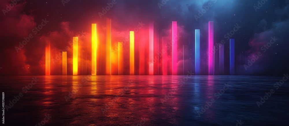 A vibrant digital visualization of colorful bars reflecting on a dark, atmospheric background. A vibrant digital visualization of colorful bars reflecting on a dark, atmospheric background.