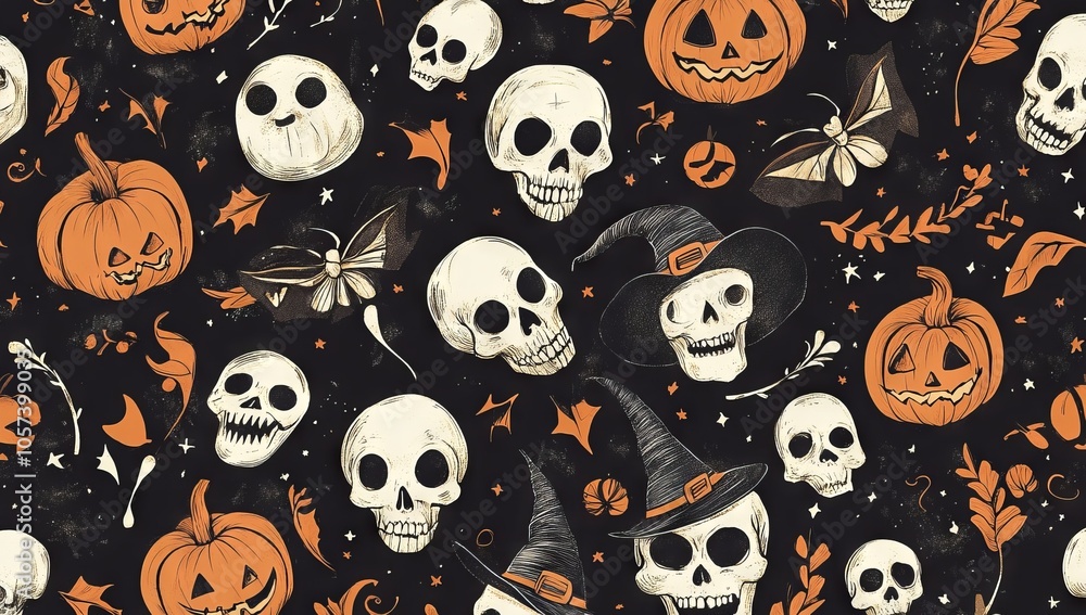 Halloween vector pattern with skulls, pumpkins, and witches hats on a black background, AI generated illustration Halloween vector pattern with skulls, pumpkins, and witches hats on a black background, AI generated illustration
