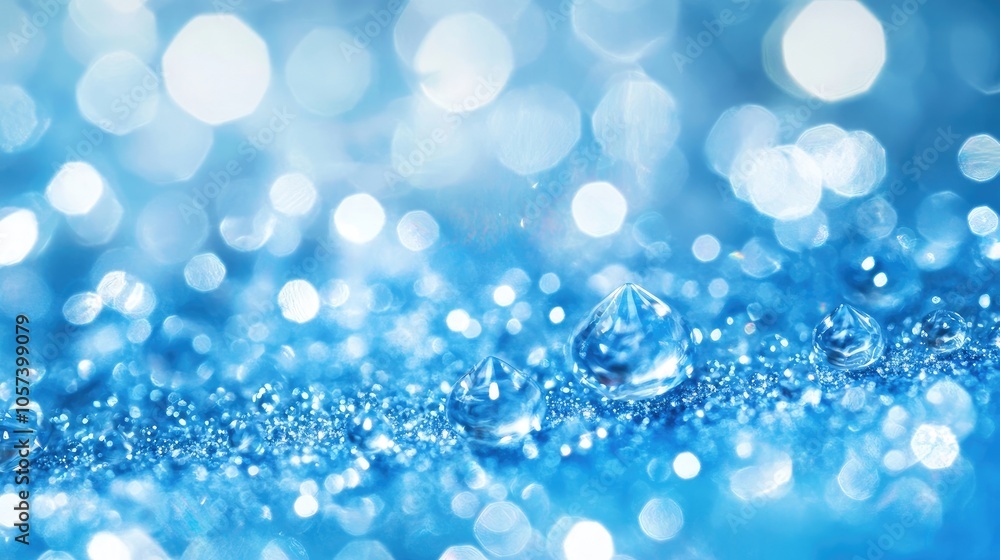 Diamond droplets adorn the surface with reflections against a serene blue background, creating an elegant display of shimmering beauty and peaceful visuals in the photo style with copy space. Diamond droplets adorn the surface with reflections against a serene blue background, creating an elegant display of shimmering beauty and peaceful visuals in the photo style with copy space.