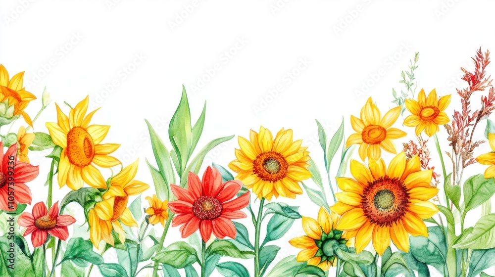 Obraz premium Watercolor floral border with sunflowers and daffodils,