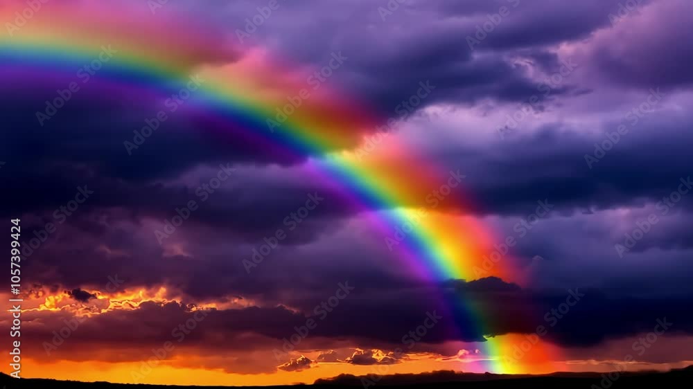 A vibrant rainbow arcs across a dramatic sky filled with colorful clouds at sunset, creating a serene and picturesque natural scene. A vibrant rainbow arcs across a dramatic sky filled with colorful clouds at sunset, creating a serene and picturesque natural scene.