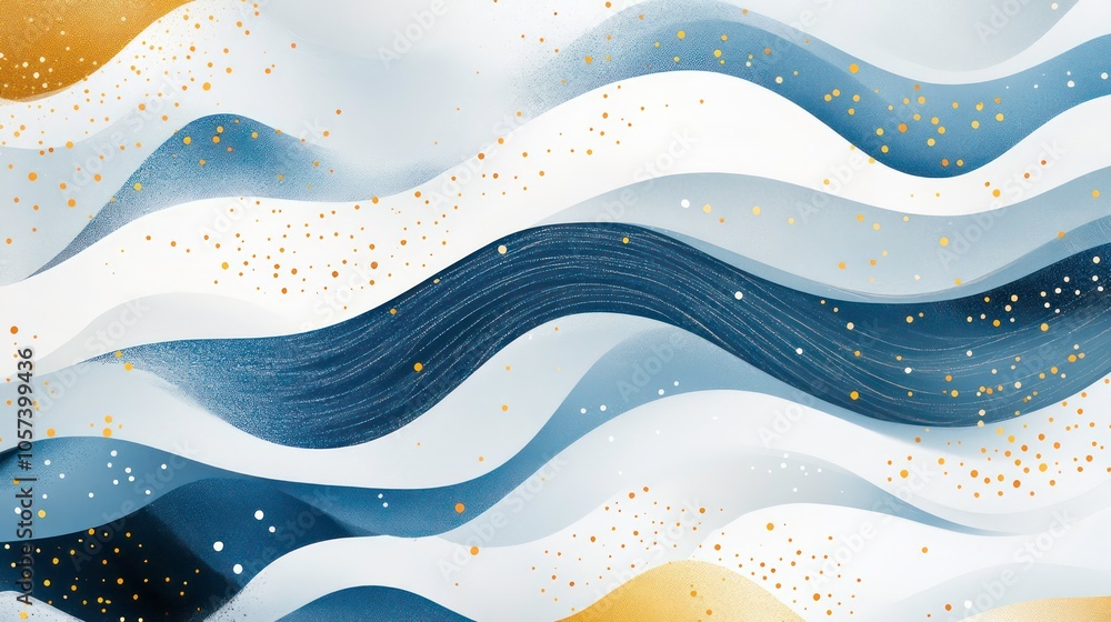 Abstract waves in blue, white, and gold create a soothing, artistic background. Abstract waves in blue, white, and gold create a soothing, artistic background.