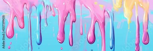 Vibrant dripping paint with soft pastel hues on blue background banner