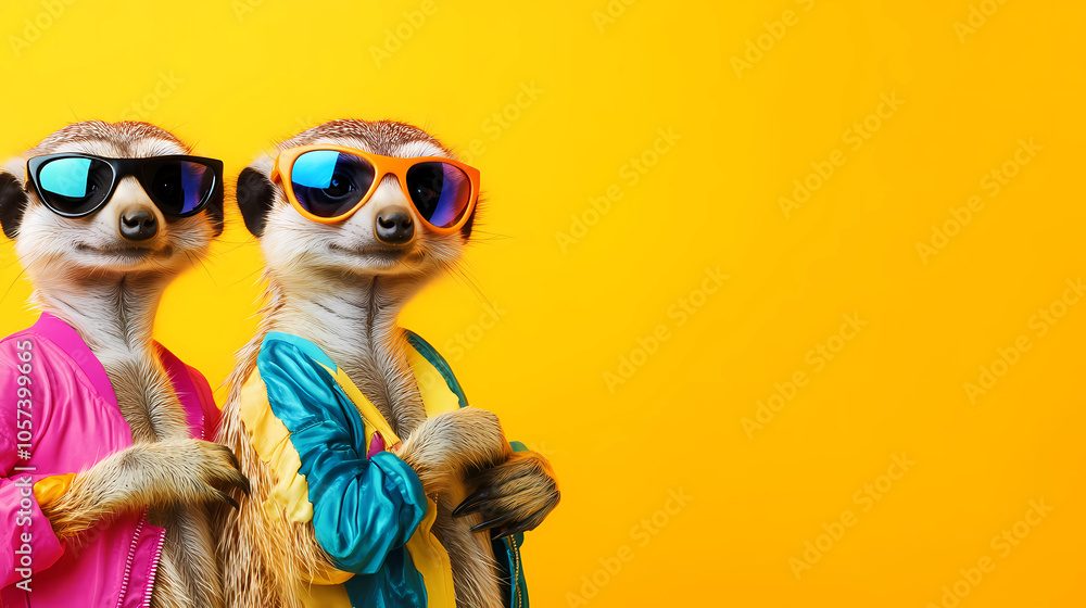 Fototapeta premium Creative animal concept. Meerkat in a group, vibrant bright fashionable outfits isolated on solid background advertisement, copy text space. birthday party invite invitation banner 