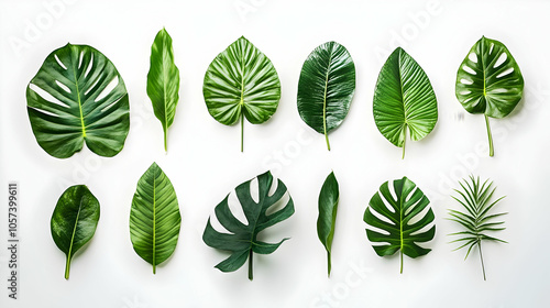 A variety of green leaves arranged artistically on a white background.