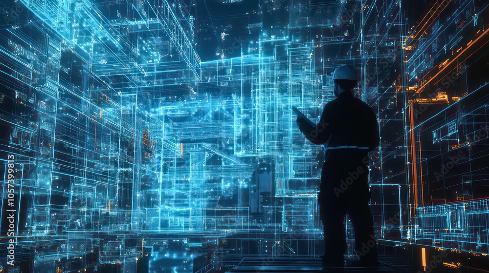 A silhouetted worker interacts with a futuristic digital environment filled with data structures. A silhouetted worker interacts with a futuristic digital environment filled with data structures.