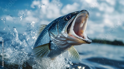 Seabass Jumps Out of Water to Catch Fishing Lure in Dramatic Action photo