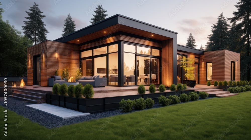 Modern wooden house surrounded by lush greenery at dusk Modern wooden house surrounded by lush greenery at dusk