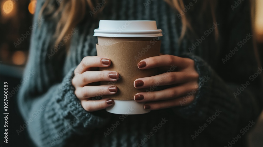 Woman holding a coffee cup with a brown sleeve Woman holding a coffee cup with a brown sleeve
