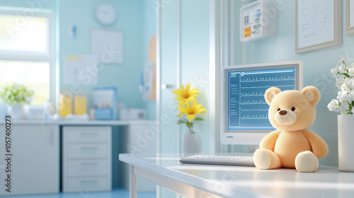 A hospital room with a computer displaying vital signs, decorated with a teddy bear and yellow flowers, creating a comforting atmosphere. photo