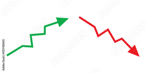 Graph going Up and Down sign with green and red arrows vector. Flat design vector illustration concept of sales bar chart symbol icon with arrow moving down and sales bar chart with arrow moving up.