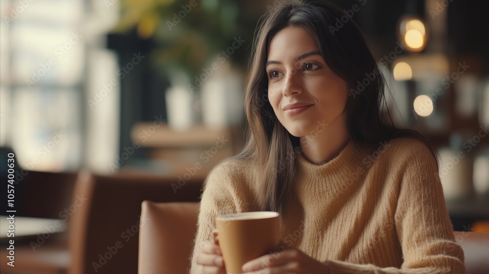 Woman is sitting in a cafe with a cup of coffee in her hand Woman is sitting in a cafe with a cup of coffee in her hand