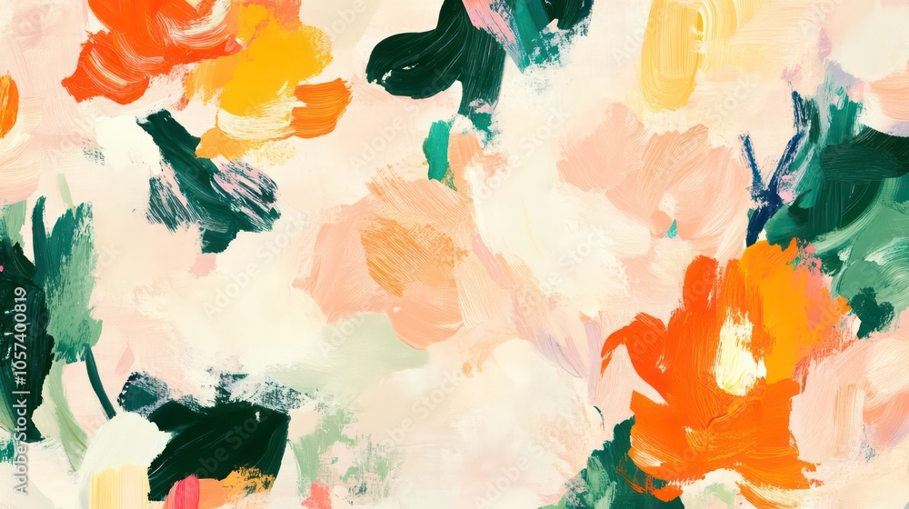 A vibrant floral pattern featuring soft hues of orange, green, and beige. A vibrant floral pattern featuring soft hues of orange, green, and beige.