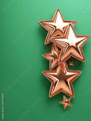 Minimalist golden stars with soft shadows on green background create striking visual. shiny metallic finish adds elegance and charm to composition photo