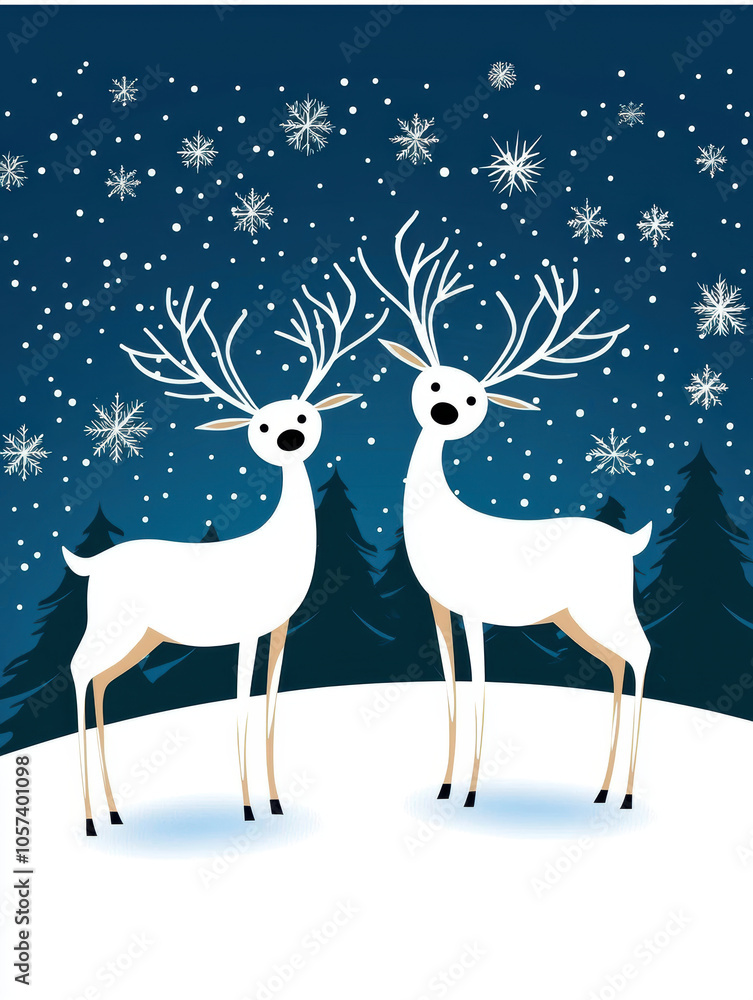 Whimsical illustration of two reindeer in snowy landscape with snowflakes. scene captures festive winter atmosphere, perfect for holiday themes Whimsical illustration of two reindeer in snowy landscape with snowflakes. scene captures festive winter atmosphere, perfect for holiday themes