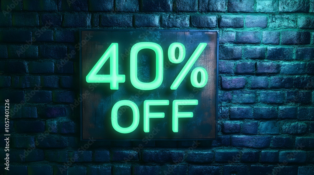 Green Neon '40% OFF' Sign on a Brick Wall Green Neon '40% OFF' Sign on a Brick Wall
