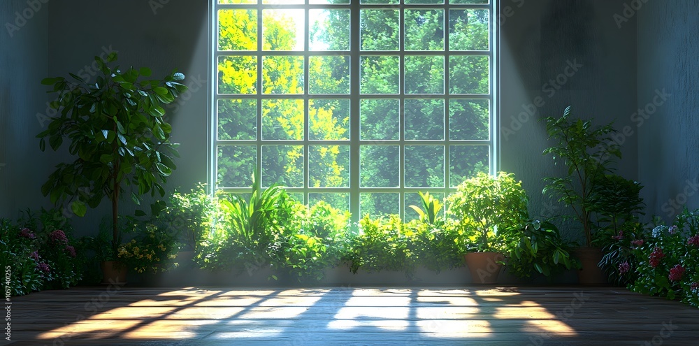 A sunlit room filled with vibrant plants and greenery by a large window. A sunlit room filled with vibrant plants and greenery by a large window.