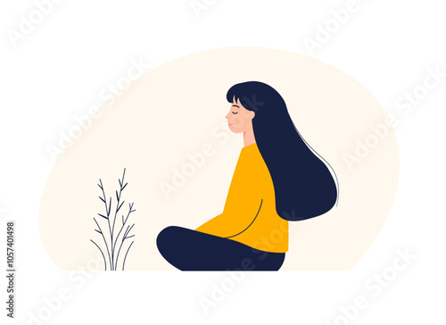 a young woman with closed eyes sits cross-legged and appears to meditate. minimalist vector graphic