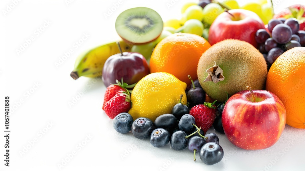 Fresh organic fruits on a white background for food photography with copy space and high resolution. Fresh organic fruits on a white background for food photography with copy space and high resolution.