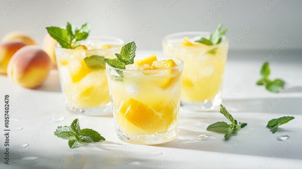 Refreshing peach mojito cocktails garnished with fresh mint leaves and peach slices, served in elegant glasses on a bright, airy surface. Perfect summer drink. Refreshing peach mojito cocktails garnished with fresh mint leaves and peach slices, served in elegant glasses on a bright, airy surface. Perfect summer drink.