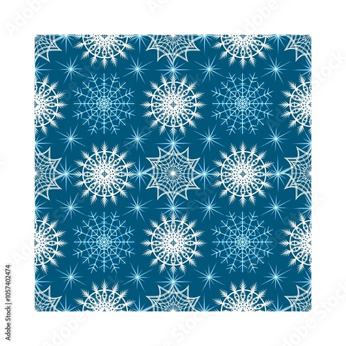 Snowflakes and rays, repeating seamless pattern, white and blue shades, dark blue background