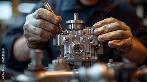 A technician repairs a mechanical component in an industrial setting.