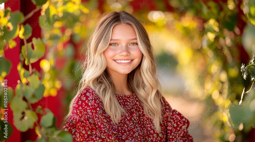 Captivating portrait of a young woman smiling amidst a lush greenery radiating joy and confidence in nature's embrace Captivating portrait of a young woman smiling amidst a lush greenery radiating joy and confidence in nature's embrace