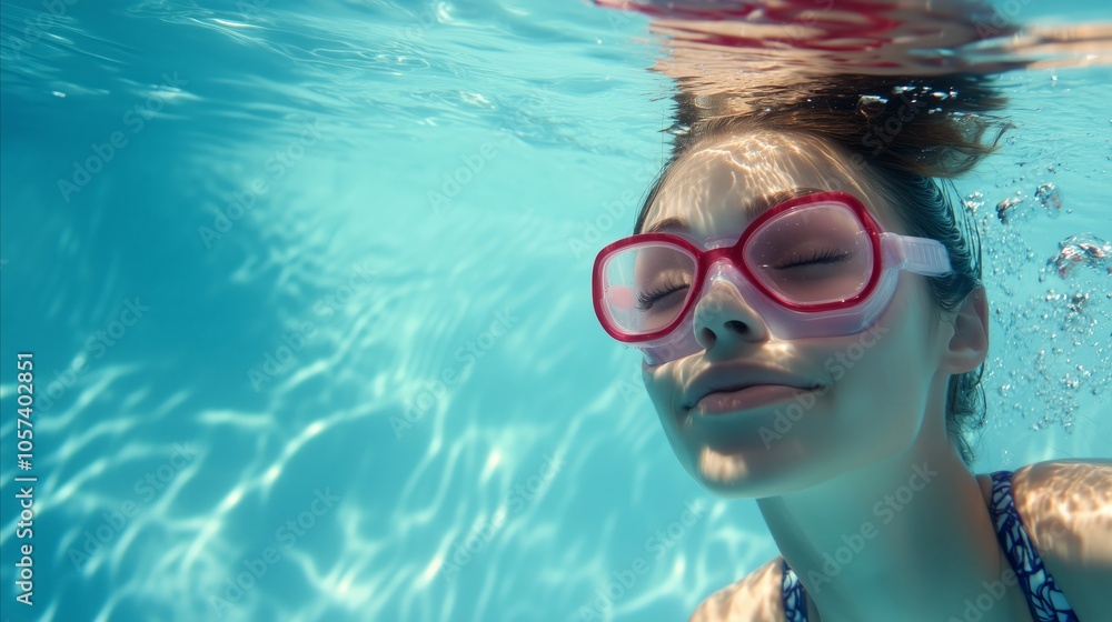 Naklejka premium Girl is swimming in a pool wearing goggles and a pink swimsuit