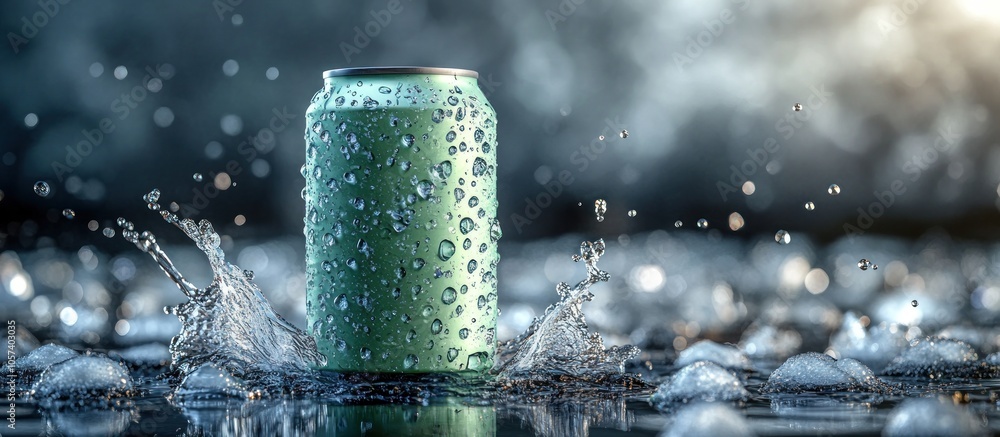 A green soda can surrounded by water droplets and splashes, emphasizing refreshment. A green soda can surrounded by water droplets and splashes, emphasizing refreshment.
