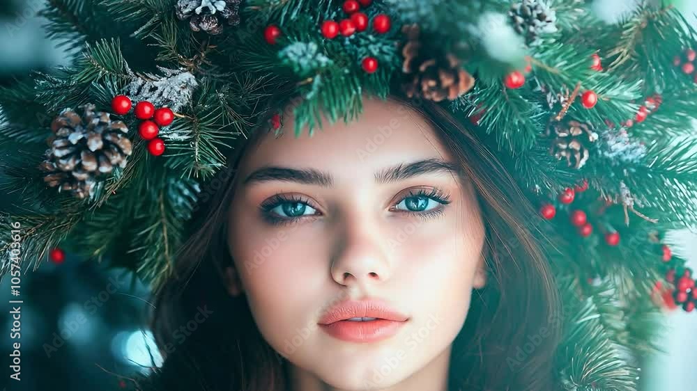 Beautiful young woman dressed up with Christmas tree on her head Beautiful young woman dressed up with Christmas tree on her head